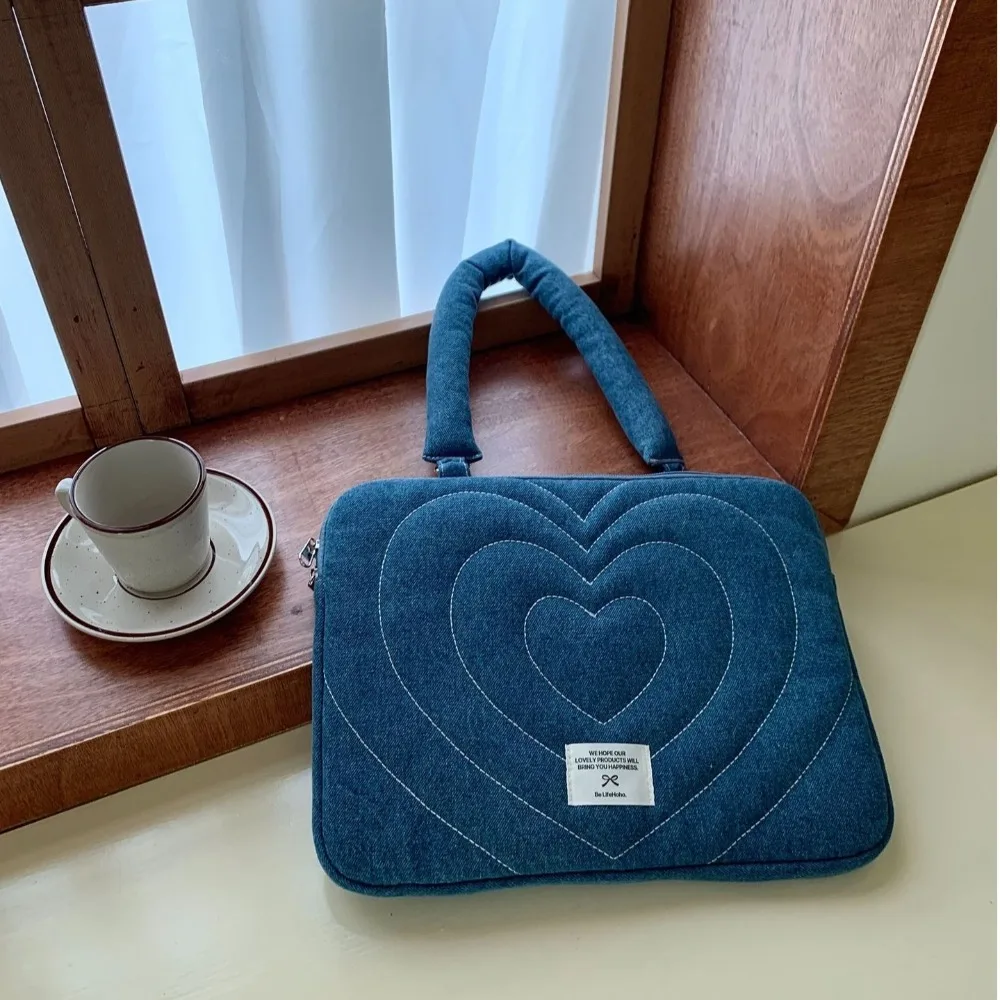 Washed Denim Bow Business Briefcases Love Heart Embroidered Document Tote Bolsas Thicken Handbag Laptop Sleeve Case Bag Women