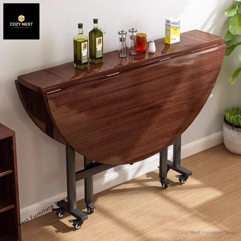 Folding dining table household small apartment black walnut table three fold movable large round table 10 people round eating ta
