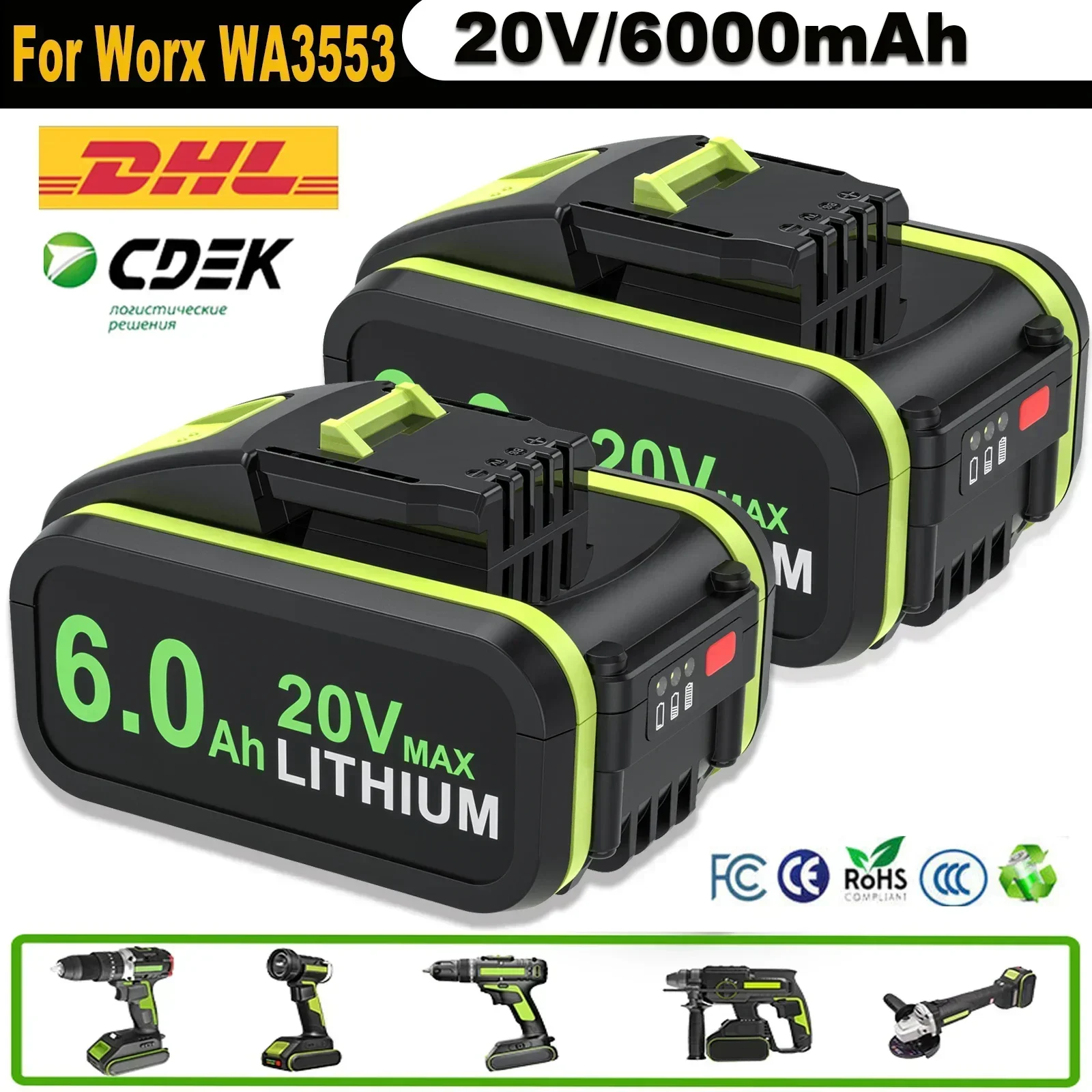 GO 20V/6.0ah Battery For Worx WA3553 Battery Cordless Power Tool Spare Batteriies WA3572 WA3553 WX390 WA3551 WX176 WX178 Battery