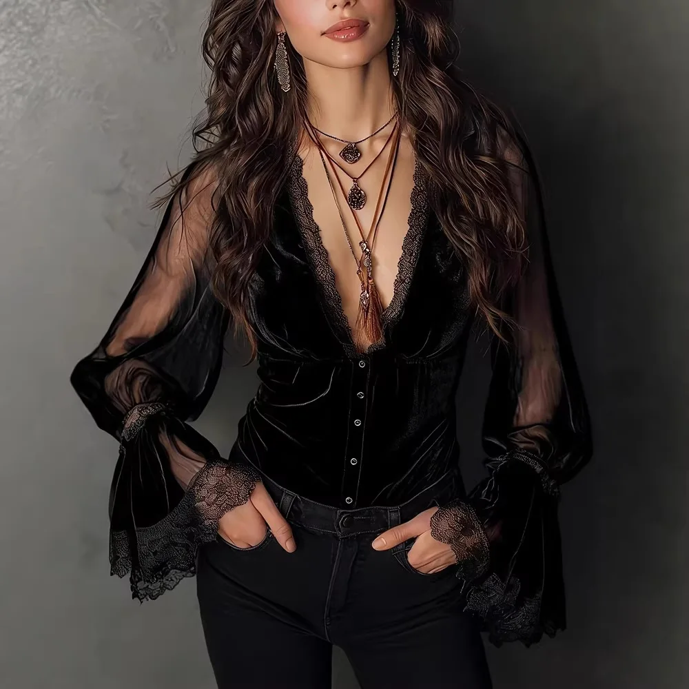 

Винтажная готическая бархатная рубашка на пуговицах для женщин, элегантная блузка с прозрачными сетчатыми рукавами-колокол и кружевной отделкой, сексуальный глубокий V-образный вырез, модная блузка для вечеринок
