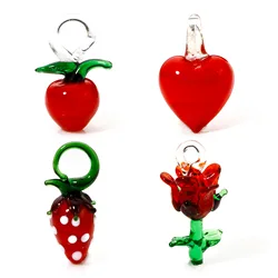 2PCs 3D Cute Lampwork Glass Pendant Red Rose Heart Charms Strawberry Apple Ornaments For DIY Necklace Jewelry Making Findings