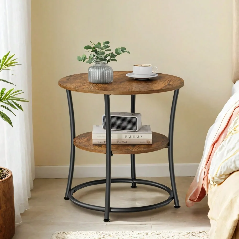 

Side Table, Round End Table With 2 Storage Shelves For Living Room, Bedroom, Nightstand With Steel Frame For Small Space