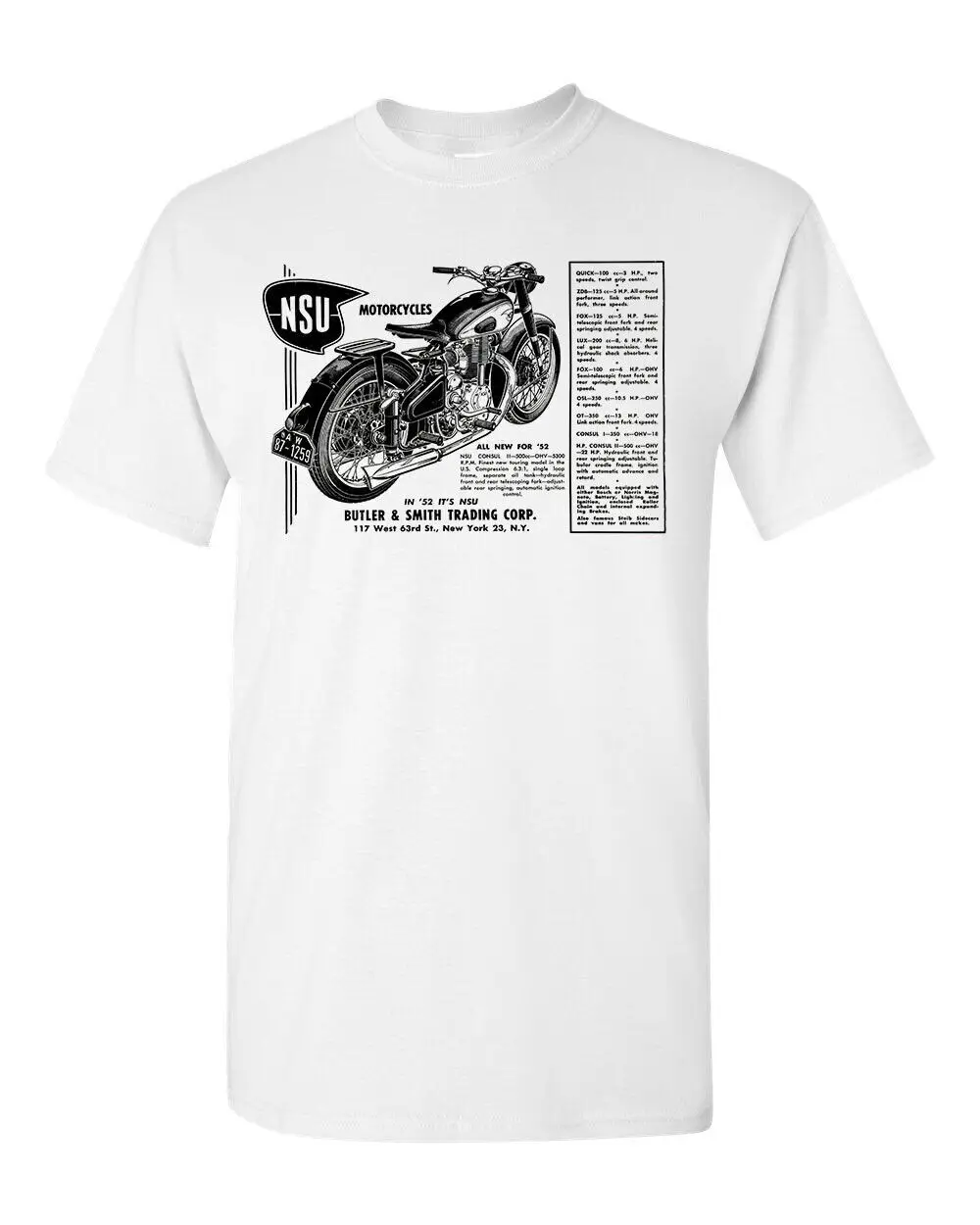 Motorcycle Tee T Shirt White 100% Cotton Vtg Art Retro Race NSU Butler Smith