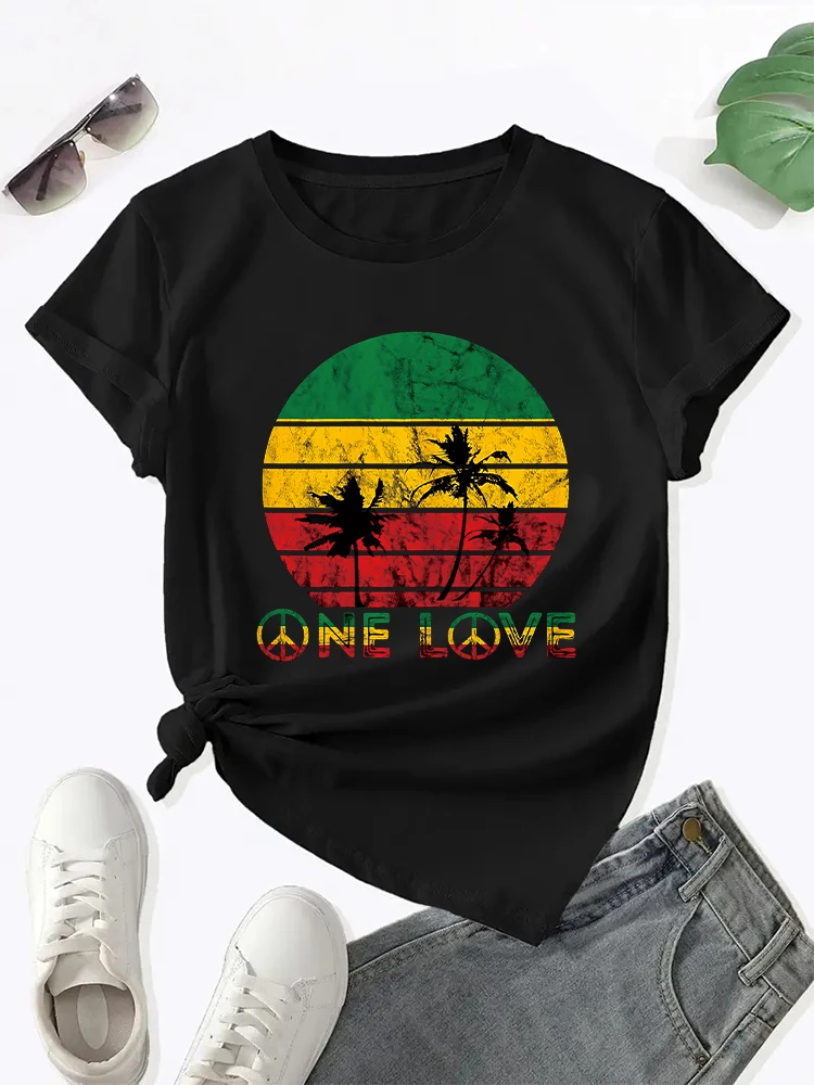 2024 New Rasta Reggae One Love Retro Vintage Sunset Jamaica Vacation T-shirt Women\'s Round Neck Short Sleeved Top