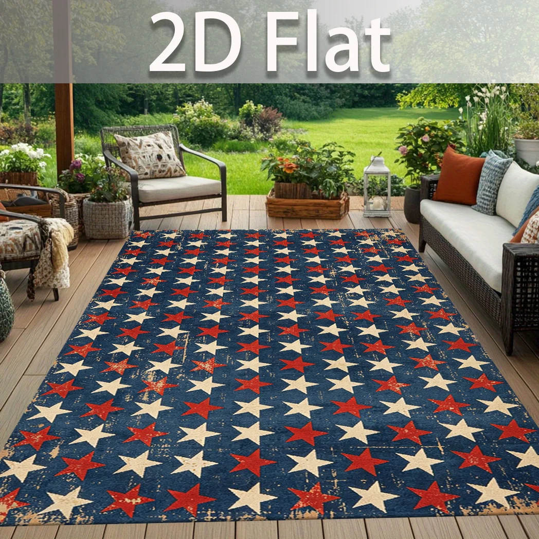 1pc 2D Flat Vintage Red‑White‑Blue Five‑Pointed Star Pattern Rectangular Non‑Slip Decorative Area RugIndependence Day Home Decor