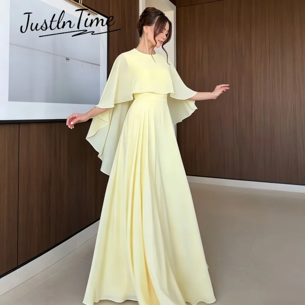 JUSTLNTIME Light Yellow Cape Flutter Sleeve A-Line Evening Dress Round Neck Chiffon Elegant 2026 Customized Vestidos De Festa