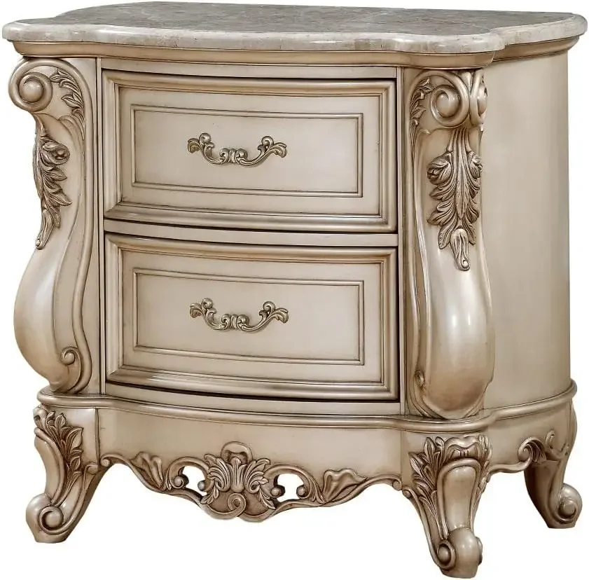 Acme Gorsedd 2-Drawer Wooden Nightstand with Marble Top in Golden Ivory