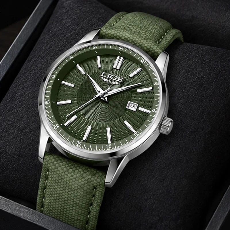 LIGE Casual Green Genuine Leather Watch for Men Fashion Military Sports Waterproof Men's Quartz Wristwatches Relogios Masculino