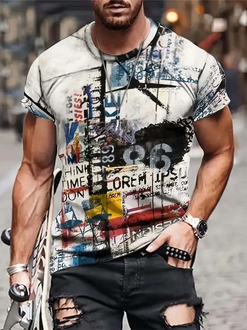 Men's Novelty 3d Art Graffiti Print T-Shirt Casual Fashion Tee Street Style Short Sleeve Crew Neck Shirt Male Oversized Clothing