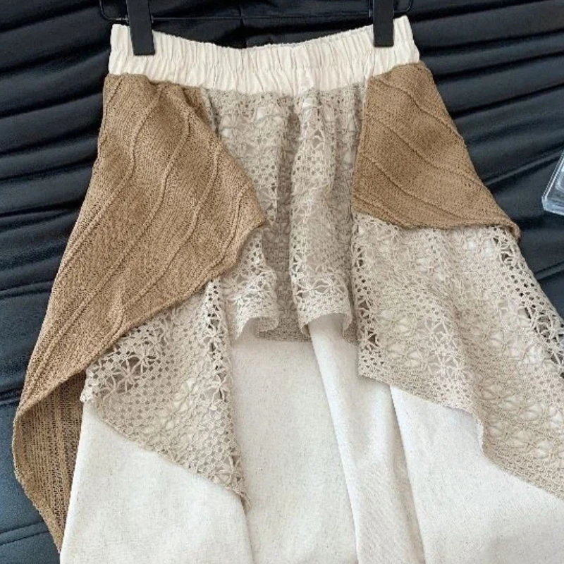 Women Mori Irregular Lace Knit Patchwork Midi Skirt Elastic High Waist Loose Layered Skirt Spring Daily Outfit