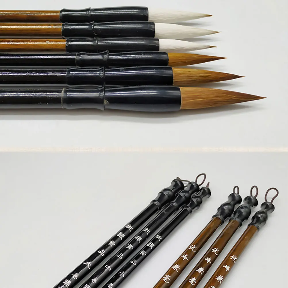 6Pcs Chinese Calligraphy Brush Set Wood Handle Wolf Hair Traditional Drawing Writing Practice Brush Sizes L