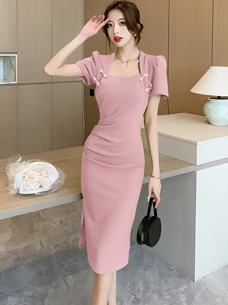 Feminino verde manga curta gola quadrada bodycon vestido longo verão elegante escritório senhora vestido 2025 moda coreana vestidos de uma peça