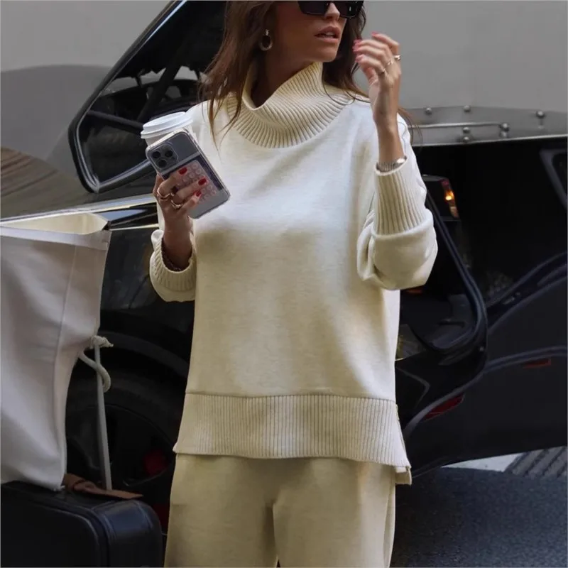 

Fashion Casual Autumn Winter 2 Pieces Women Sets Knitted Solid Color High-neck Pullover Sweater and Straight Pants Suits Street