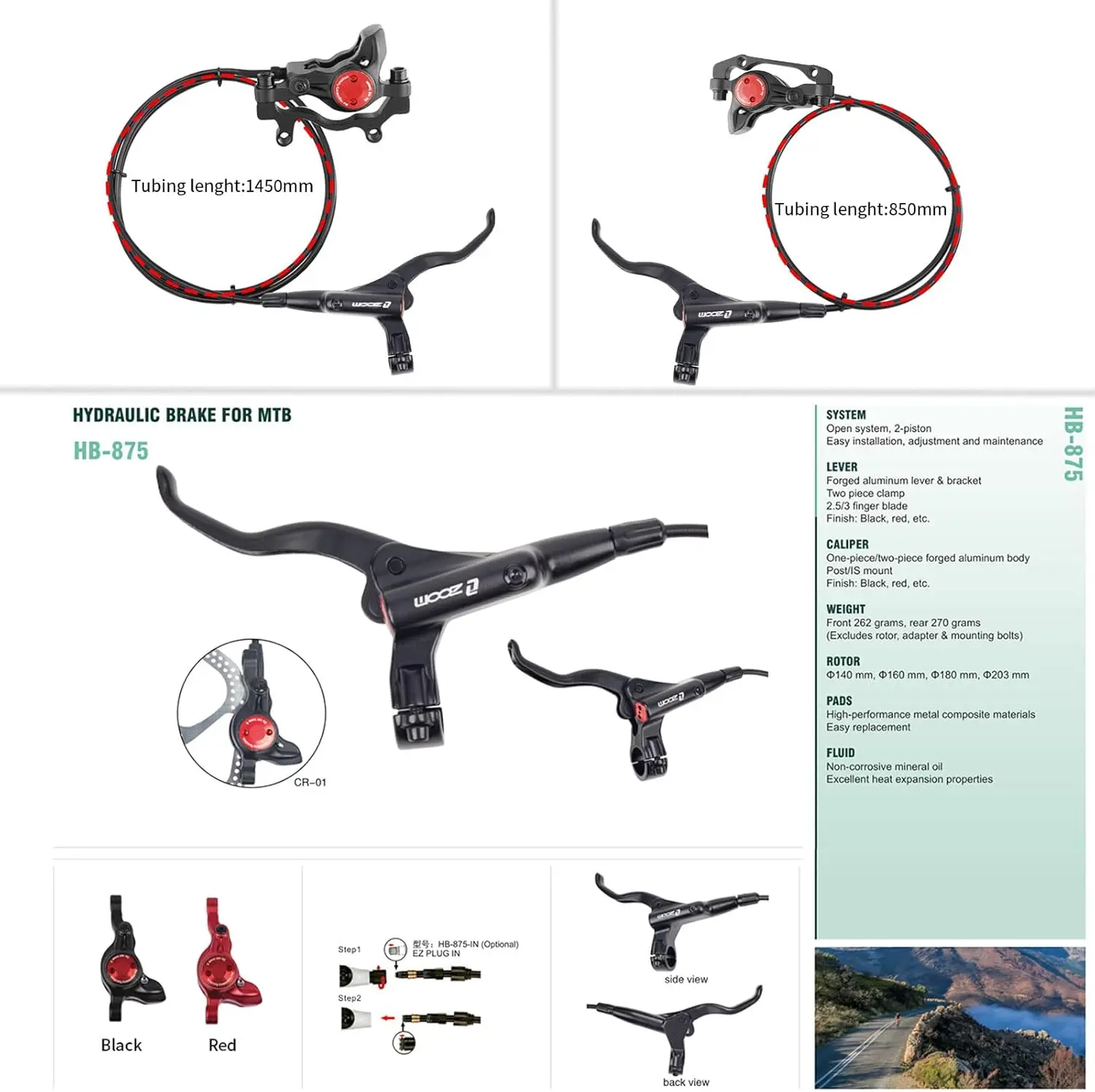 

Z00M HB875 2 Piston MTB Hydraulic Disc Brakes Set with Tool Right Front 800mm Left Rear 1400mm for for E-Bike Fat Bike Road Bike