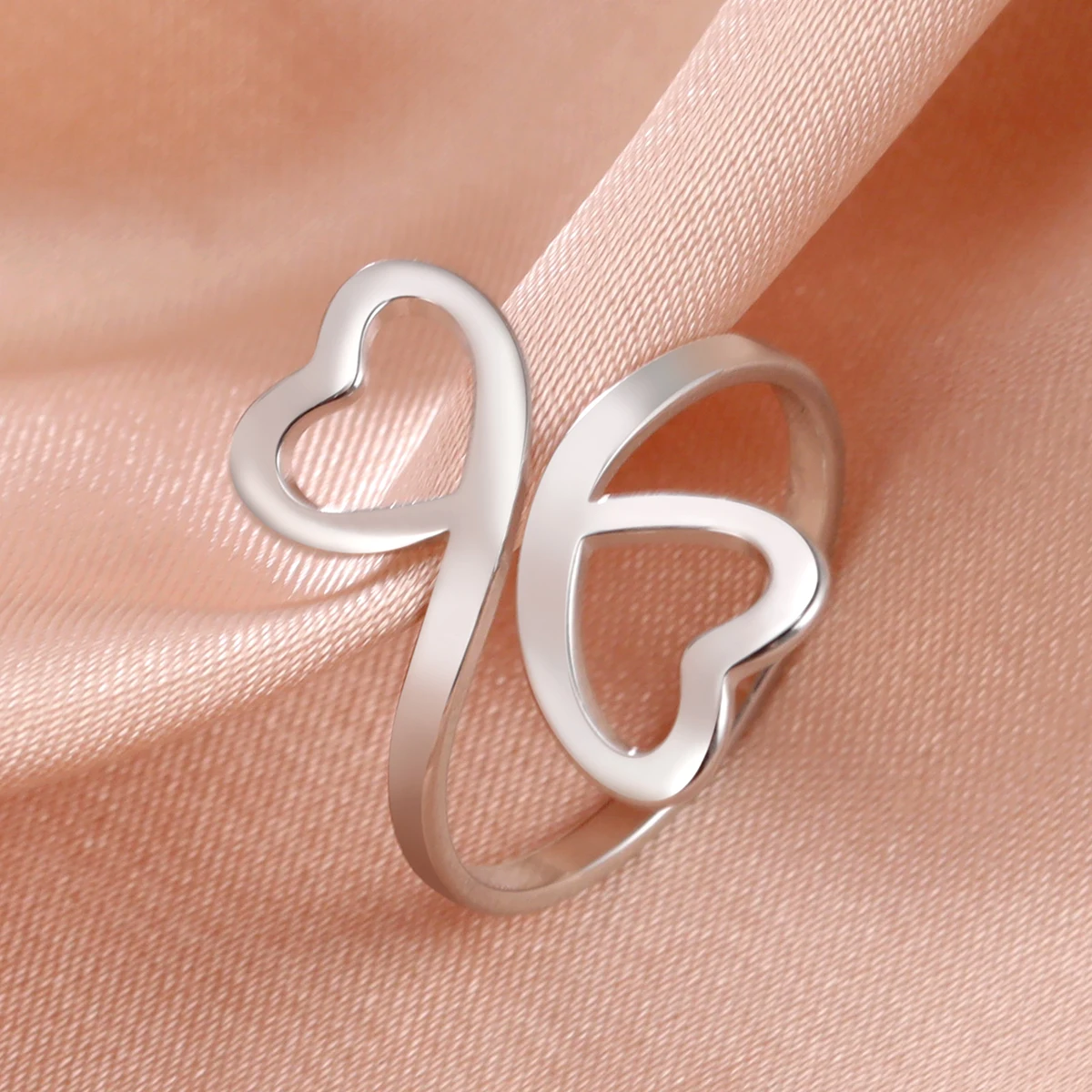 HIPEE Fashion Hollow Double Love Heart Women Ring Stainless Steel Finger Rings Closed End Ring  Jewelry for Party Gifts