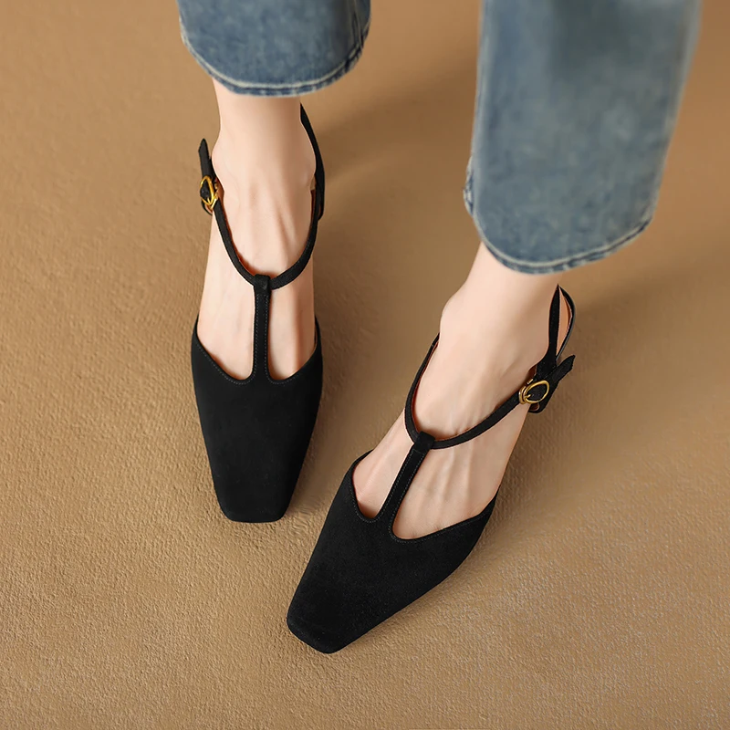 Basic Shoes On Heel Sheepskin Women Retro Mary Jane Summer Sandals French Style Elegant Buckle Shoe Spring Atumn Simple Pumps