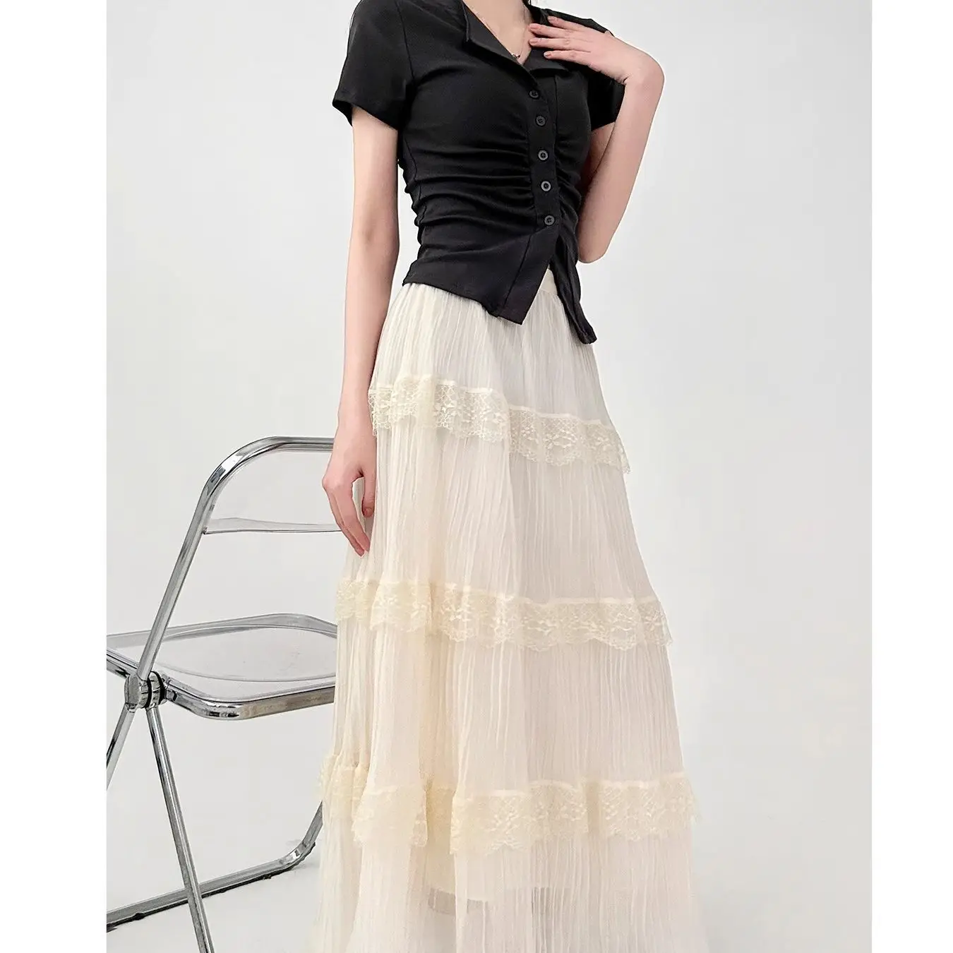French Apricot Cake Skirt for Women Lace A-line Skirt Mid-length Skirt Slightly Fat Long Skirt