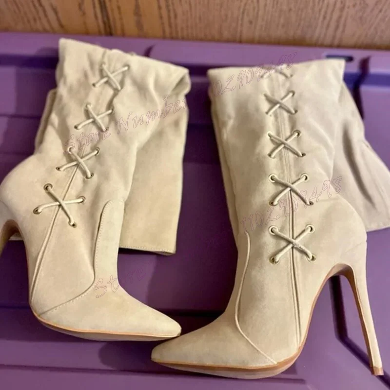 

White Suede Cross Tied Boots Pointed Toe Knee High Shoes for Women Thin High Heels Sexy Lady Shoes 2025 Zapatos Para Mujere