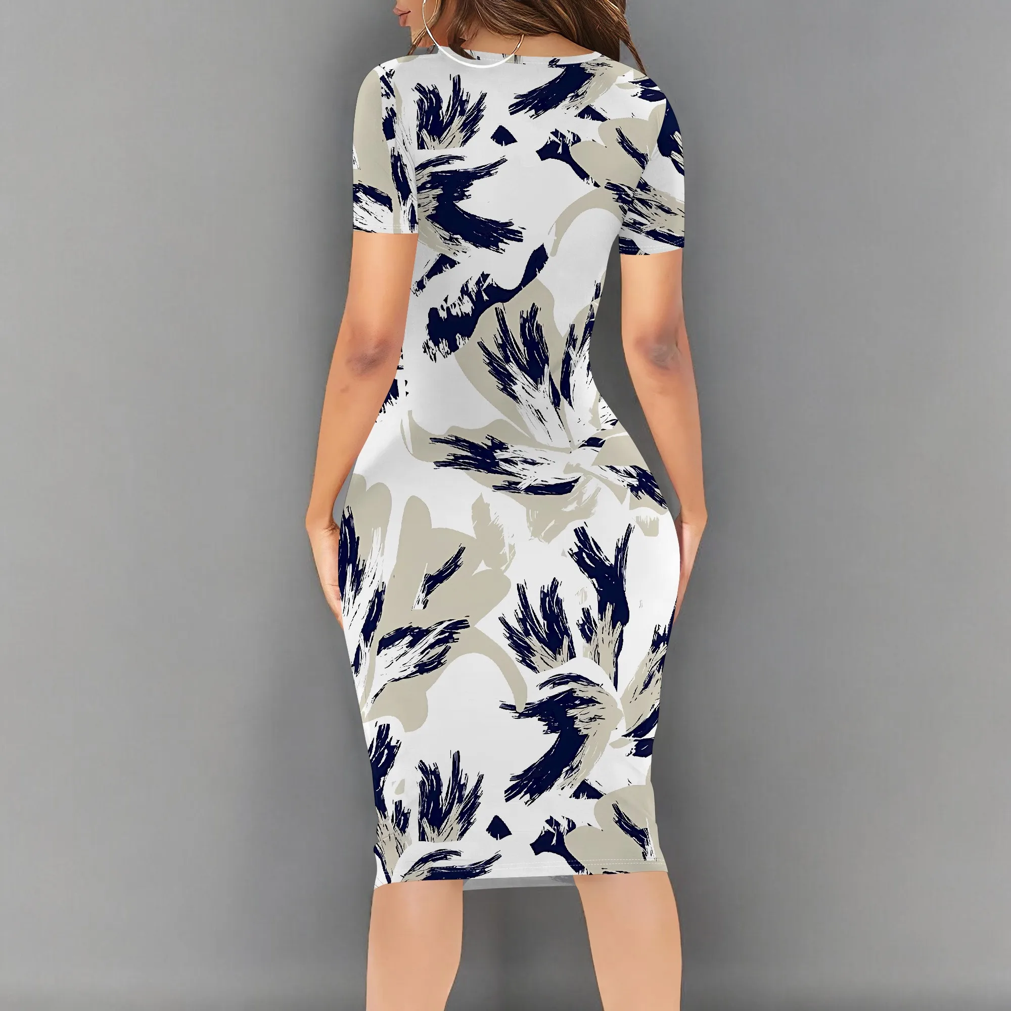 EQQZD 夏カジュアル半袖ドレス、エレガントな女性のリーフプリント V ネックボディコンドレス、ボヘミアンファッション膝丈ドレス