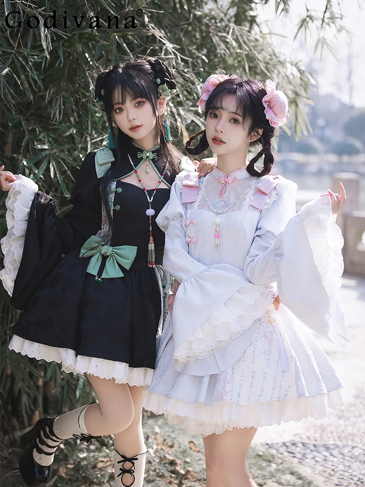 

Spring Autumn New Chinese Print Sleeve Cheongsam Lolita Stand-up Neck Dress Sweet Girls Fashion Age Reduction Playful Dresses