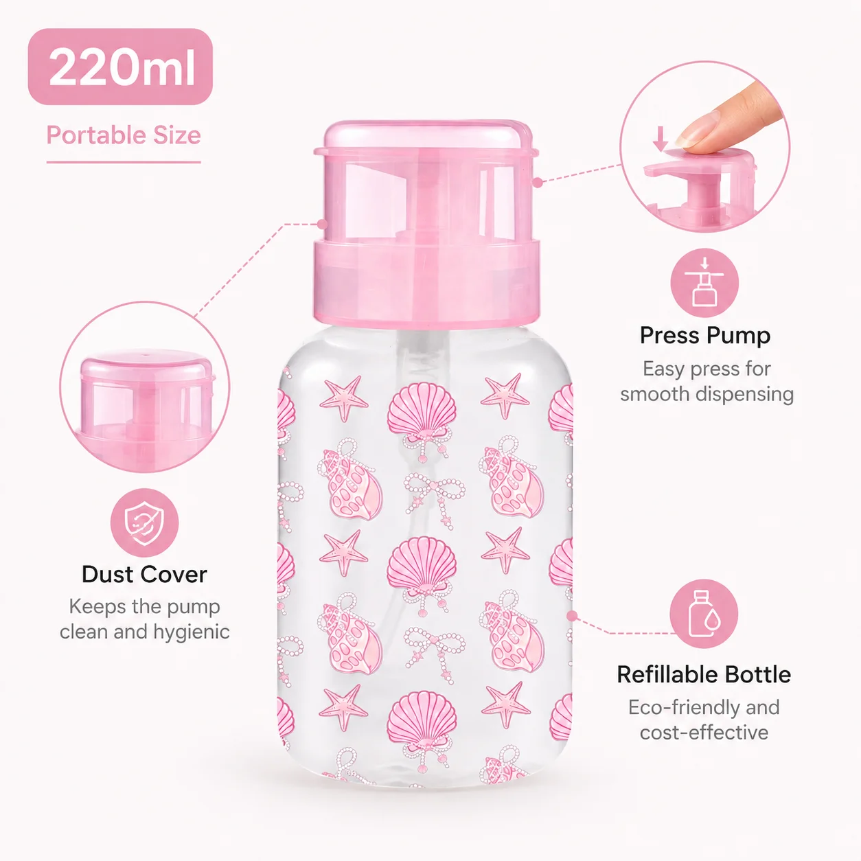 220ml Pink Shell Print Pump Dispenser Bottle Refillable Travel Container for Toner Makeup Remover Cotton Pads Nail Salon Women view 4