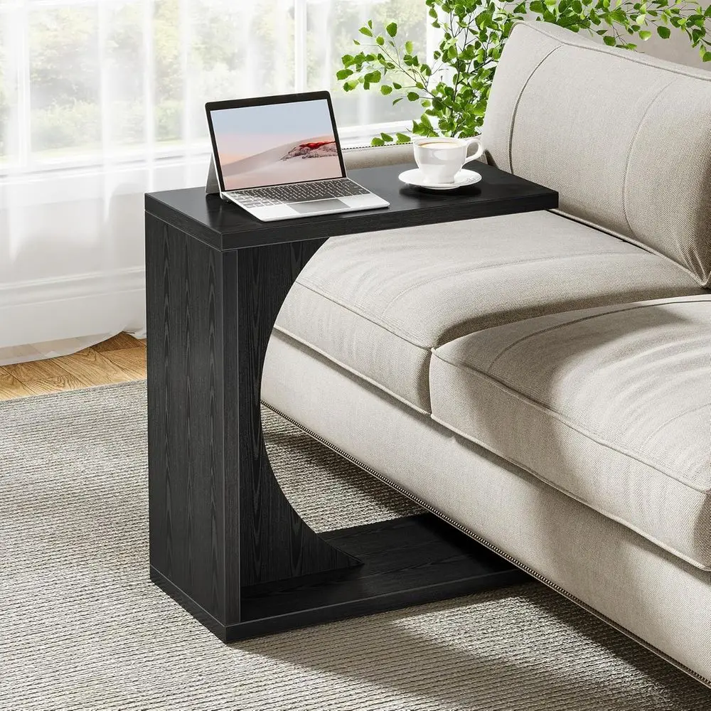 

C-Shaped Side Table, Compact Sofa Table, Wooden Nightstand, Multipurpose Living and Bedroom Desk - Black