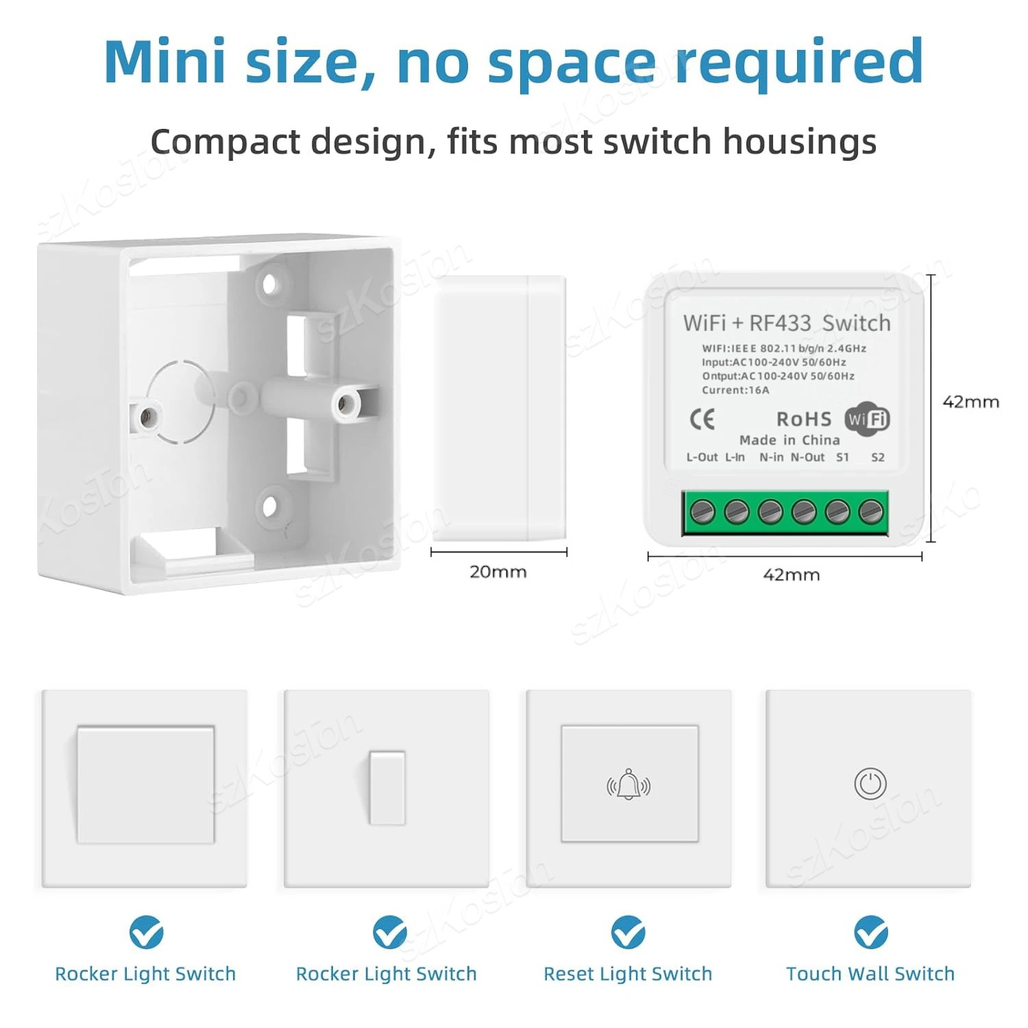 RF433 WiFi Smart Switch 2in1 Wireless Control Tuya 16A Mini Relay Receiver Smart Home Light Switch Module Work with Alexa Google