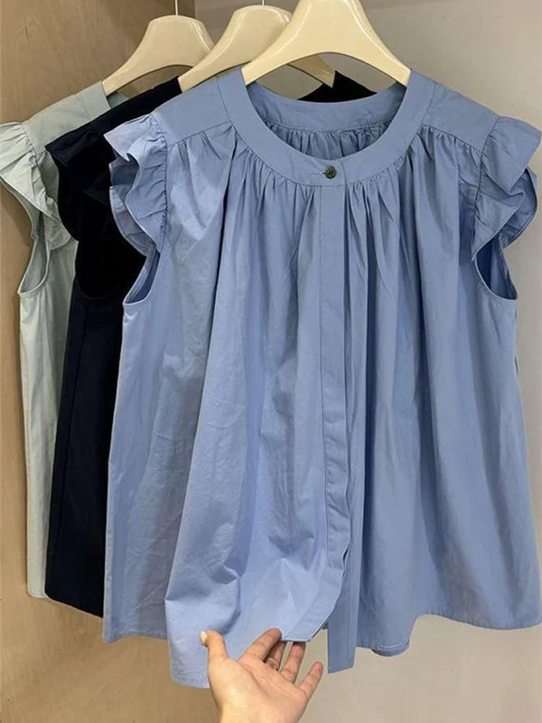 

plus Size 300 Pou Summer Korean Sle College Wind irt Women's Svel Doll irt round Ne Flng Sve Blouse