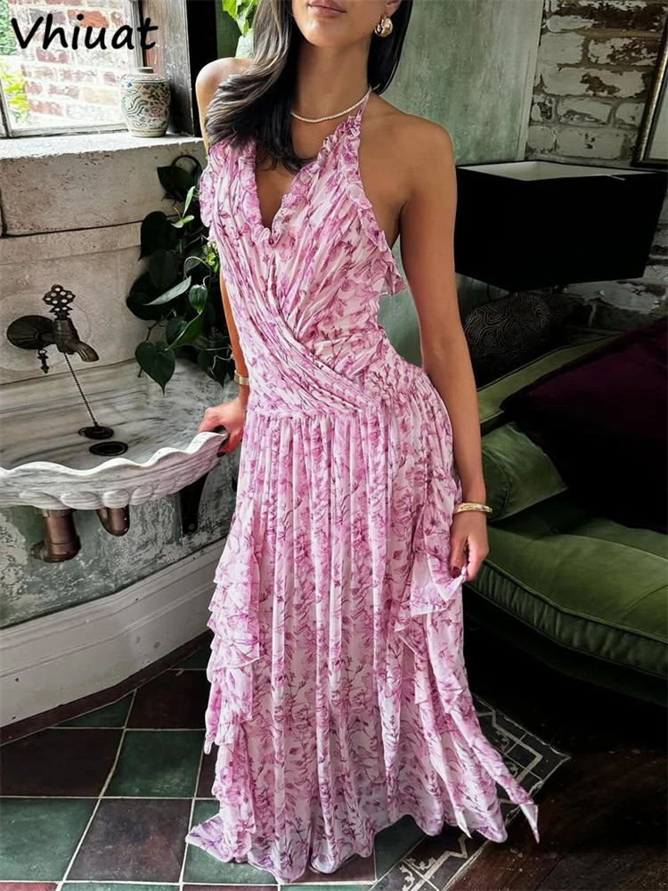 Vhiuat malha floral impressão sem mangas halter magro maxi vestido feminino elegante festa de férias noite verão vestidos longos 2025