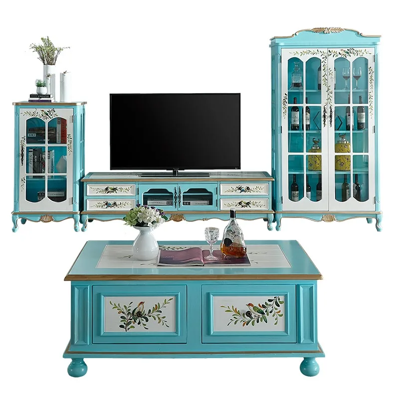 

TV cabinet combination Mediterranean style small apartment old furniture living room wine cabinet solid wood video cabinet