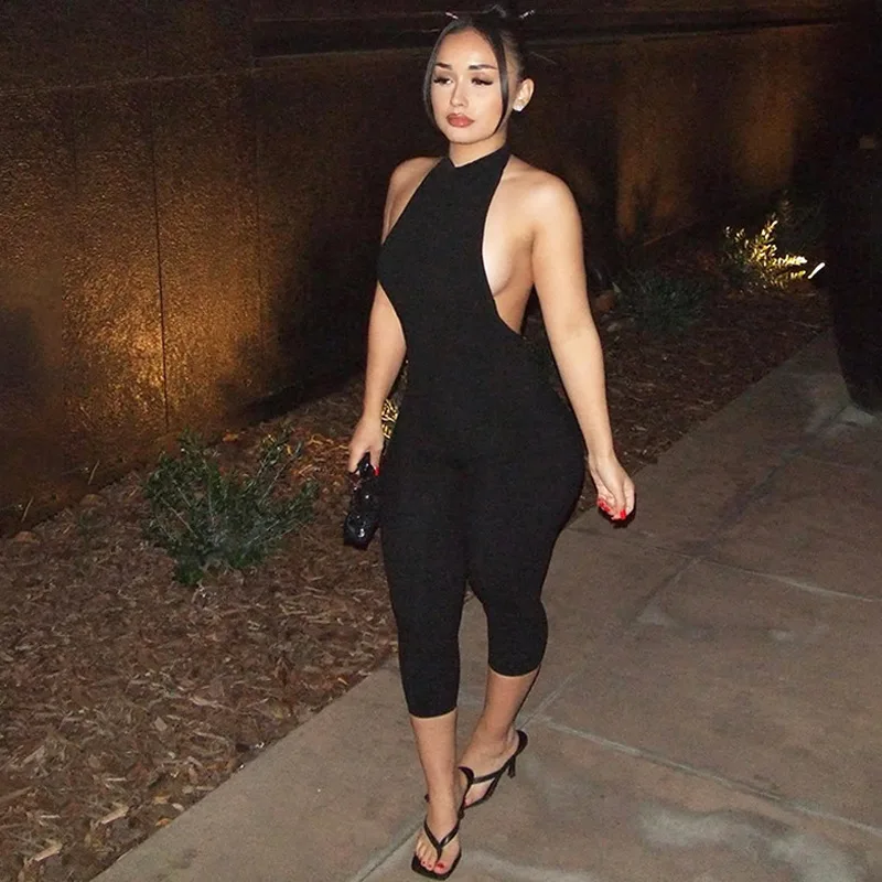 

Women'S Halter Sleeveless Backless Ribbed Single Breasted Jumpsuit Solid Sexy Casual Romper Party Club Street Clothes
