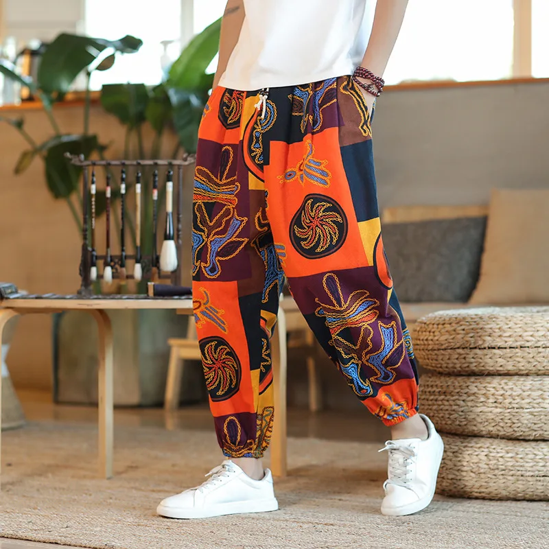 

New Summer Drawstring Harem Pants, Fashionable Print Ankle Length Pant, Cotton and Linen Flower Pants.