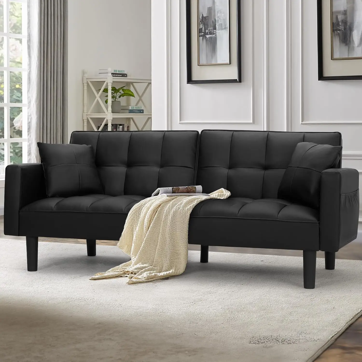 

Диван-кровать-футон, современный кожаный раскладной диван с регулируемой спинкой, подлокотниками и высокопрочными нейлоновыми ножками