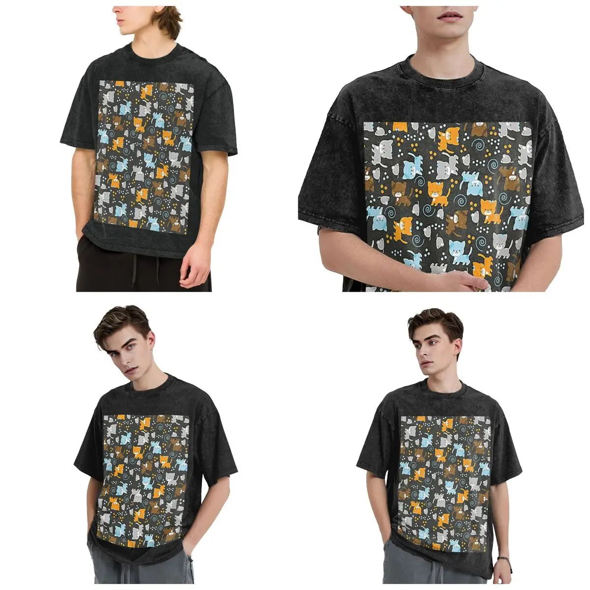 Gray Ginger And Siamese Kittens Cats Hip Hop Short Sleeve T-Shirts Washed Tops Tees Streetwear T Shirt Vintage for Men Women