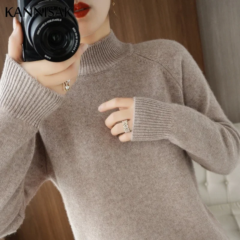 2024 Autumn Winter Thick Warm Sweater Women Half High Collar Cashmere Sweater Korean Solid Green Casual Basic Pullover Knitwear