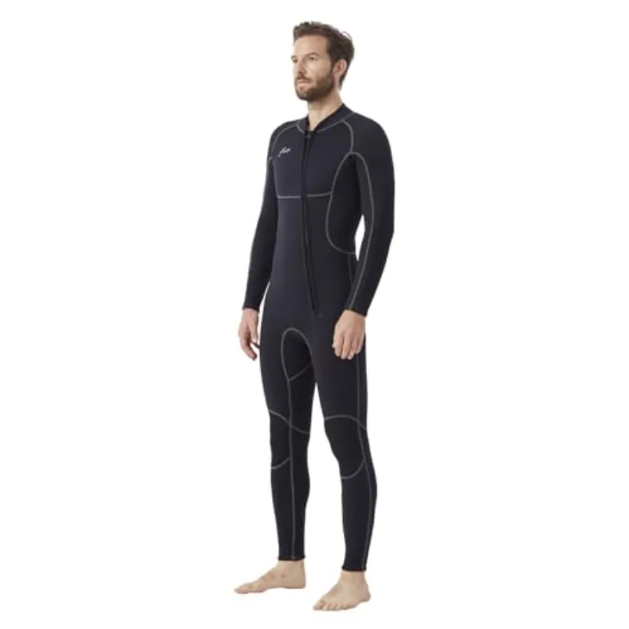 Men's cold water surfing swimming diving wetsuit: 3/2mm neoprene black front zip thermal insulation and flexibility