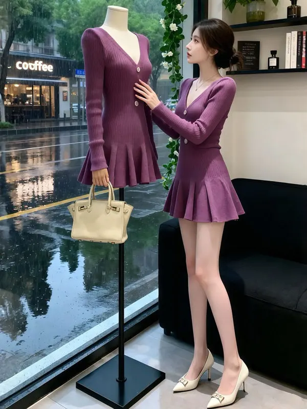 

Мягкое трикотажное платье с V-образным вырезом, фиолетовое, с завышенной талией, облегающее, для молодых женщин, для деловых встреч, повседневной носки, свадеб и прогулок