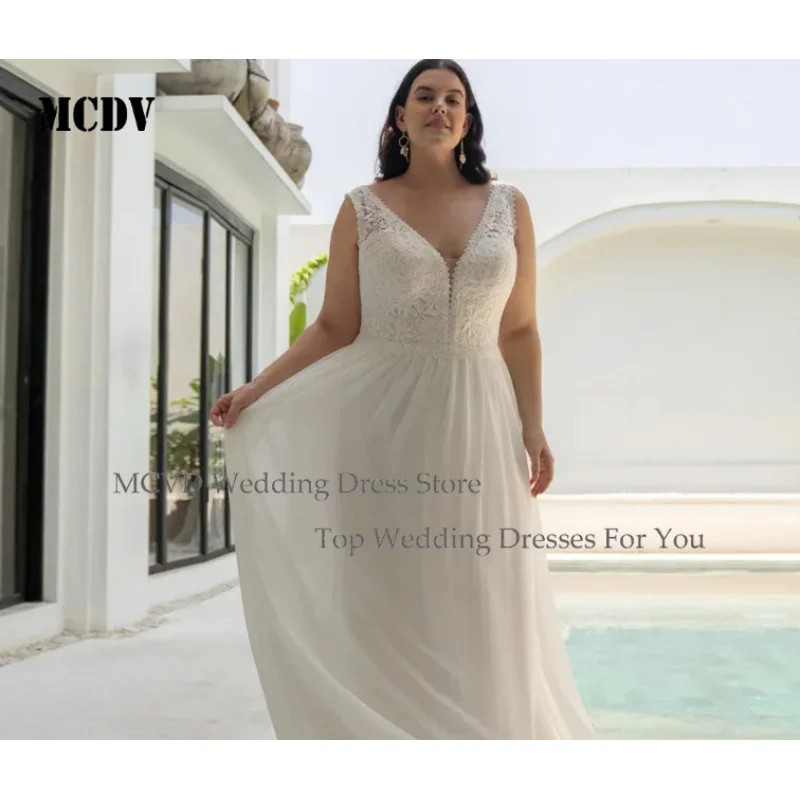 

MCDV Plus Size Wedding Dress with Detachable Flare Sleeves V Neck Lace Chiffon Bride Beach Bridal Gown Customized