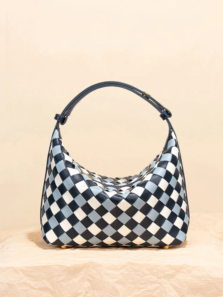 

Новая плетеная сумка-тоут 2026 года в клетку для ланча, женская сумка на плечо, элегантная универсальная сумка-пельмень с цветовыми блоками