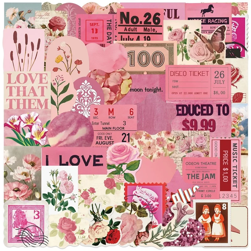 

10/30/50PCS Cartoon Pink PVC Sticky Sticker Aesthetic DIY Colored Decoration Scrapbooking Hand Accounting Supplies for Kids