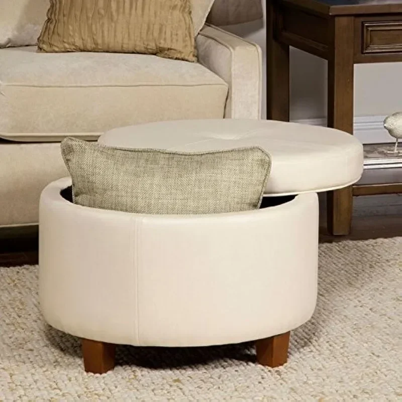 Round Leatherette Storage Ottoman with Lid, Ivory Large