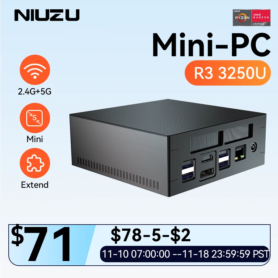 NIUZU Mini PC AMD Ryzen 3 3250U Mini PC Office Computer High Performance Office 8G+256GB/16G+512GB Desktop Gaming Computer 미니 PC