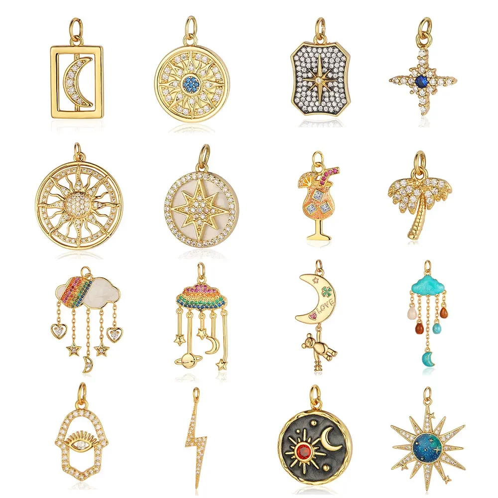 Sun Star Moon Crescent Copper Zircon Charm Clouds Hamsa Hand Leaf Juice DIY Jewelry Bracelet Earring Necklace Pendant