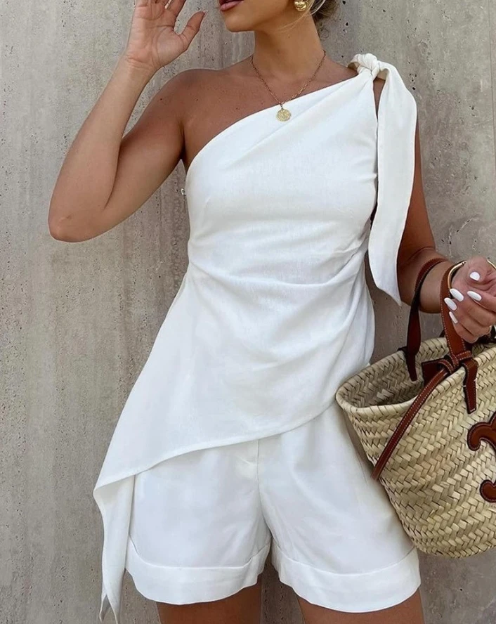 

Women's Elegant Suit 2024 Spring/summer Latest Casual Solid One Shoulder Tied Detail Notted Asymmetric Hem Top&shorts Set