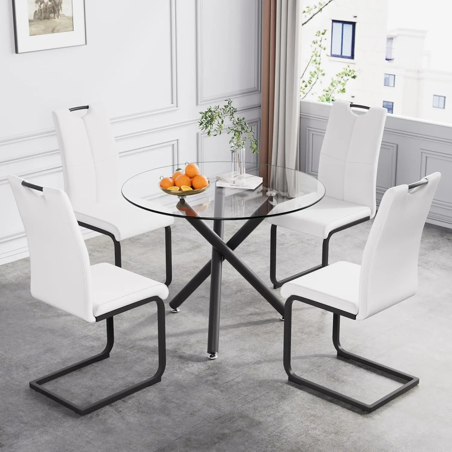 Tempered Glass Dining Table Chrome Legs Adjustable Pads Kitchen Living Room 35.5 Inch, Customized