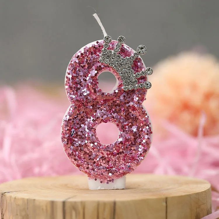 Rosa Krone mit Pailletten-Geburtstagskerzen für Kuchen, Glitzer-Zahlenkerzen 0-9 als Kuchenaufsatz für Frauen-Geburtstagsfeiern. – Detail 10