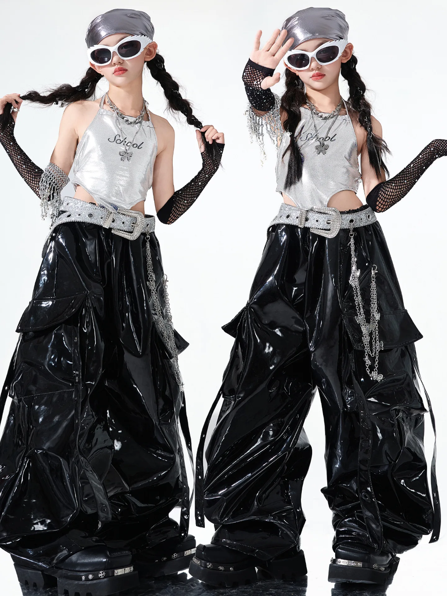 

Jazz Dance Costume Girls Silver Crotch Tops Black Leather Pants Hip Hop Performance Wear Concert Catwalk Stage Suit