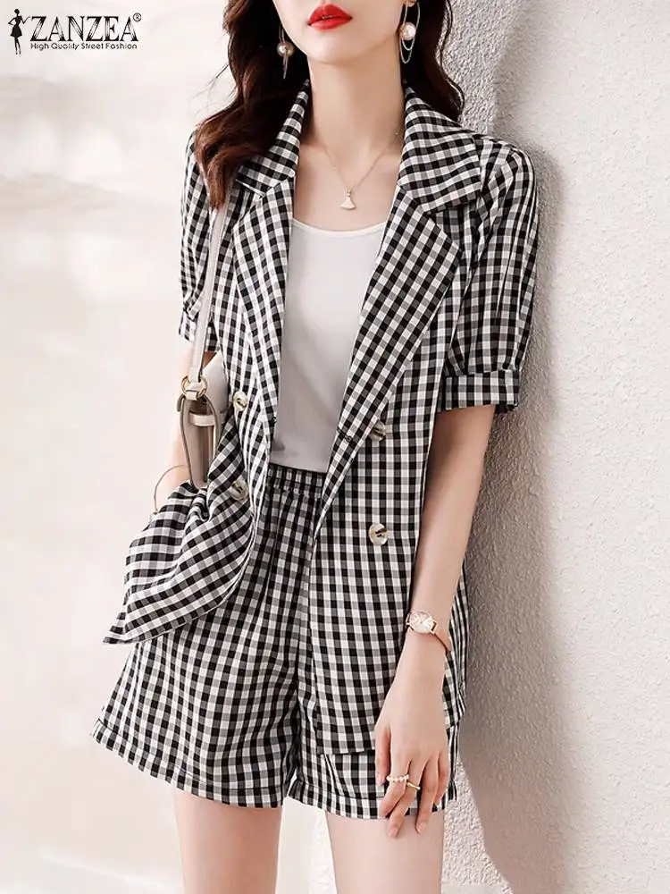 ZANZEA Gingham Elegant Short Sets Elastic Waist Short Pant Notched Lapel Short Sleeve Tops Summer 2pcs Outfits Women Blazer Suit