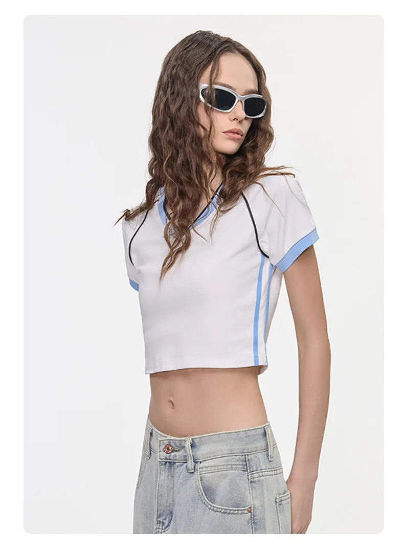 

Women's Spice Girls Inspired Hip Hop V-neck Navel Contrast Stitching Slim Fit Short Sleeve Jacket Spring 2026