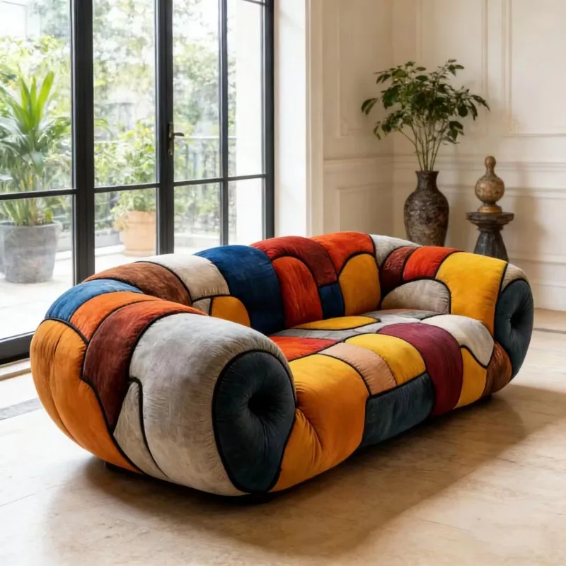 Vintage-Kunstpatchwork-Sofa, mehrfarbiges Samt-Doppelsofa